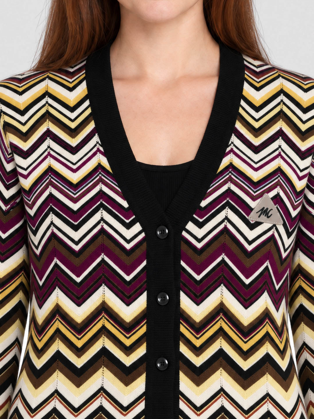 Women Black Jacquard V Neck Full Sleeve Cardigan