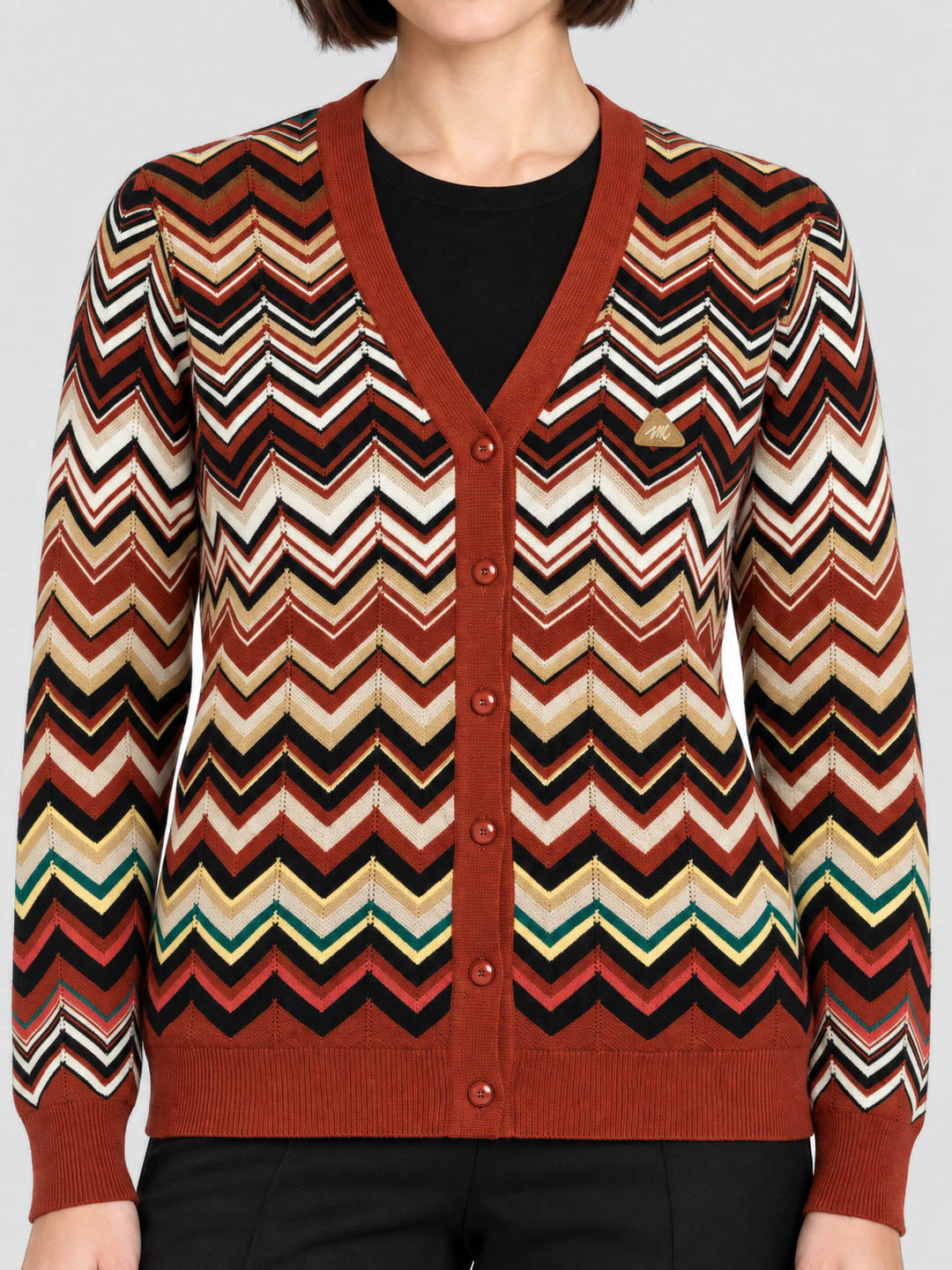 Women Rust Jacquard V Neck Full Sleeve Cardigan