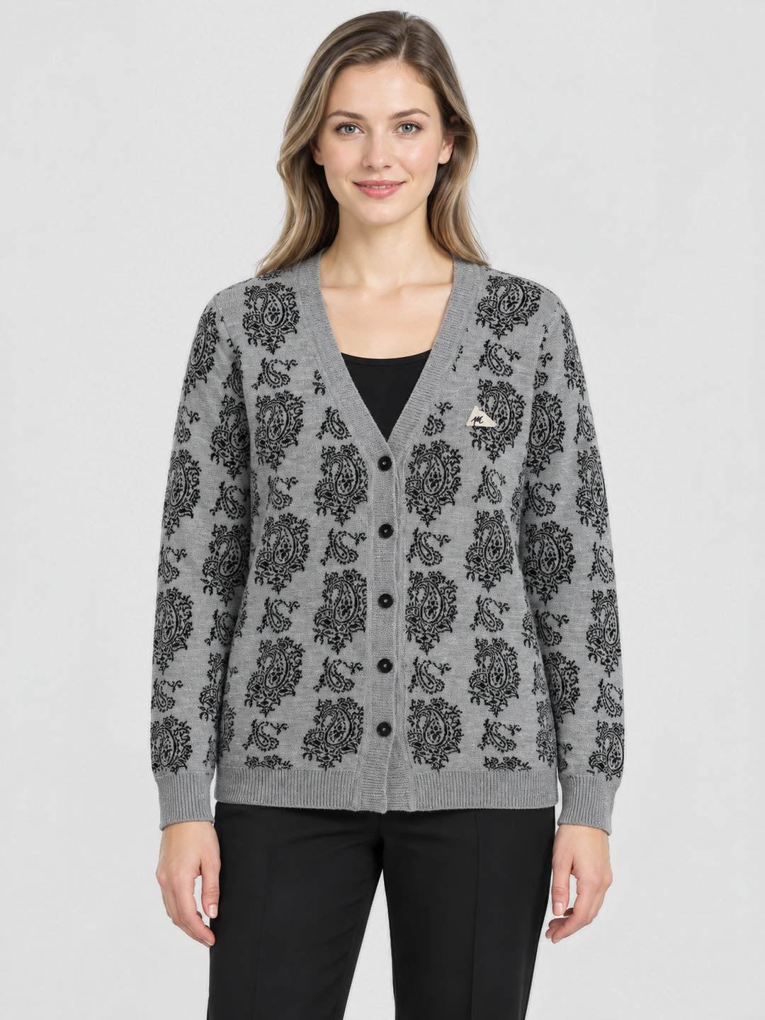 Women Grey Jacquard V Neck Full Sleeve Cardigan