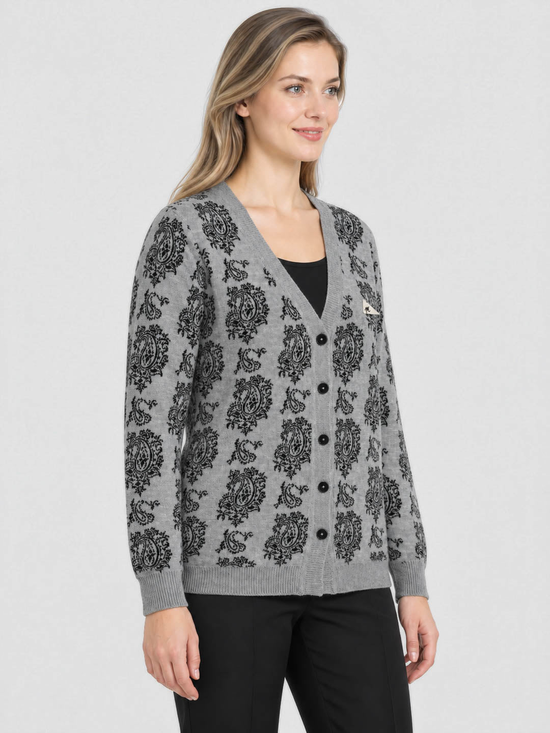 Women Grey Jacquard V Neck Full Sleeve Cardigan