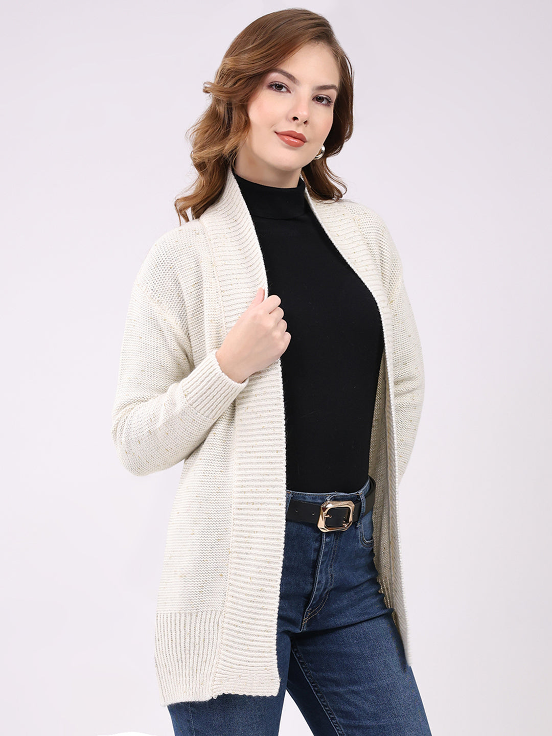 Women Off White Self Design Collar Full Sleeve Cardigan