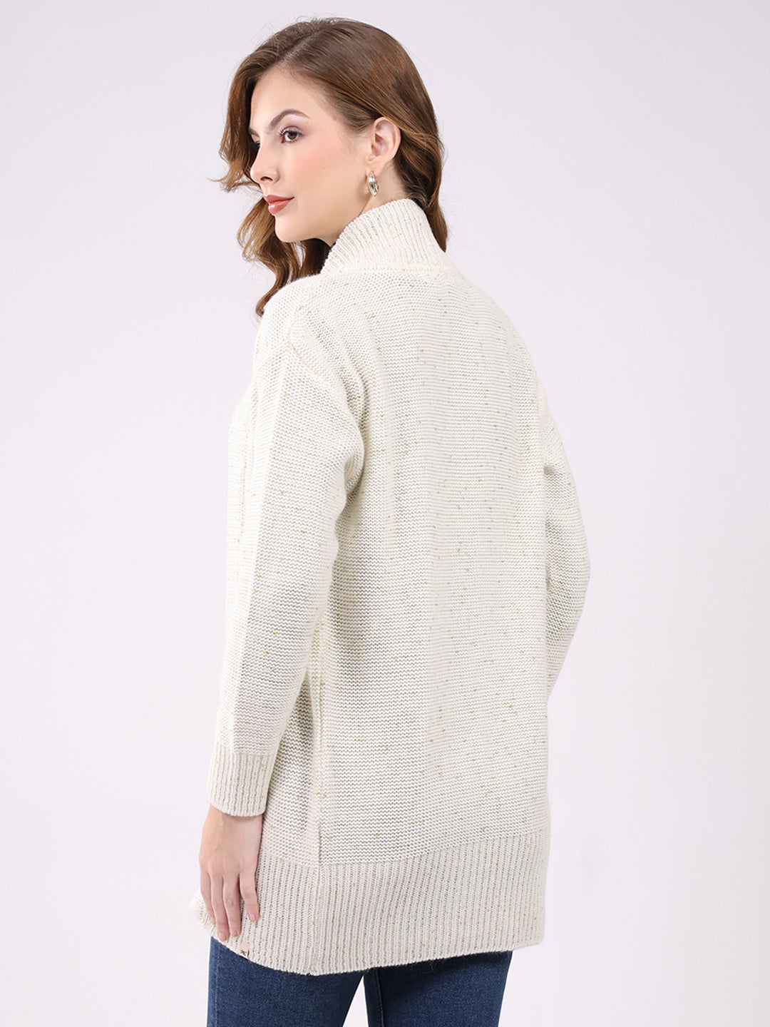 Women Off White Self Design Collar Full Sleeve Cardigan