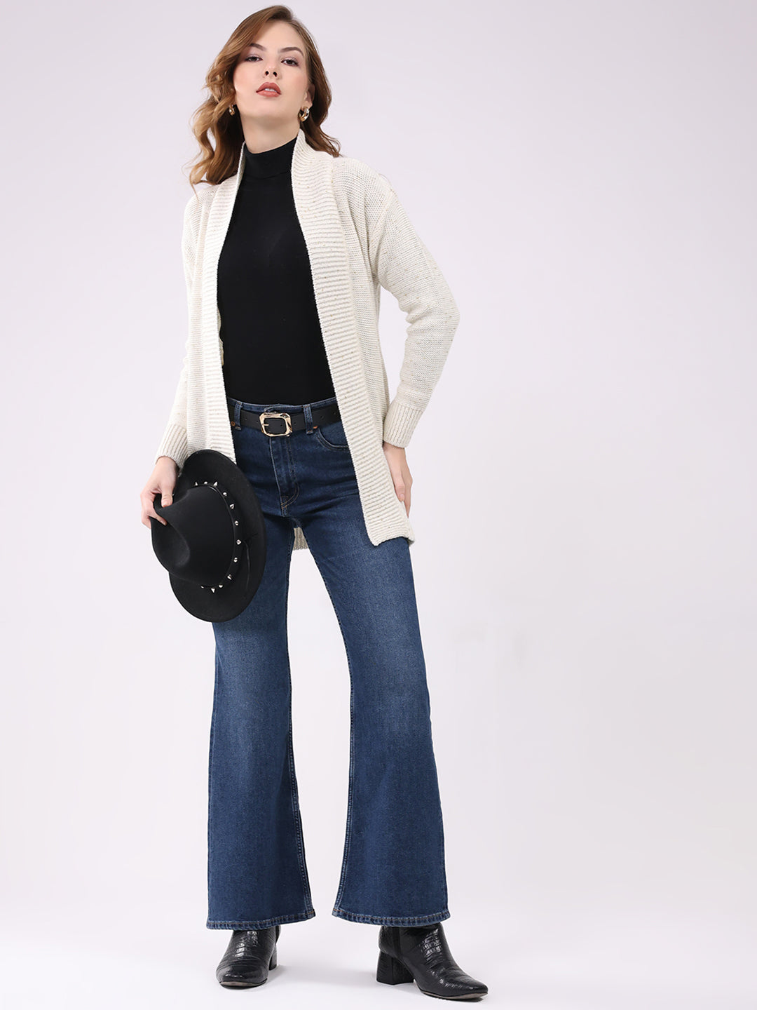 Women Off White Self Design Collar Full Sleeve Cardigan
