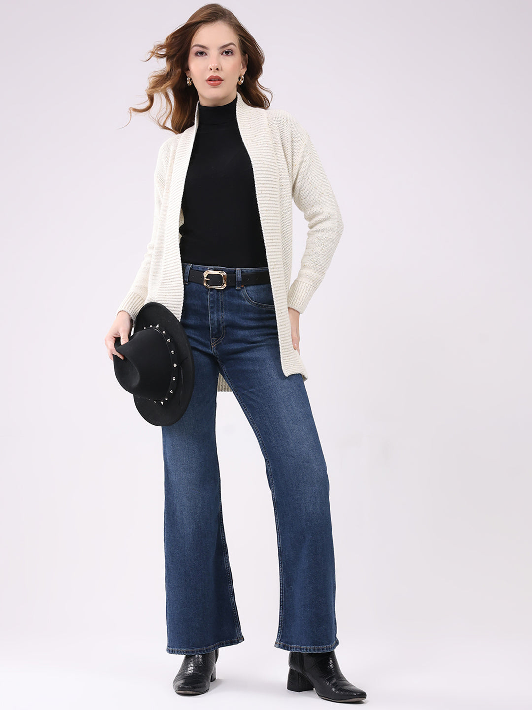 Women Off White Self Design Collar Full Sleeve Cardigan