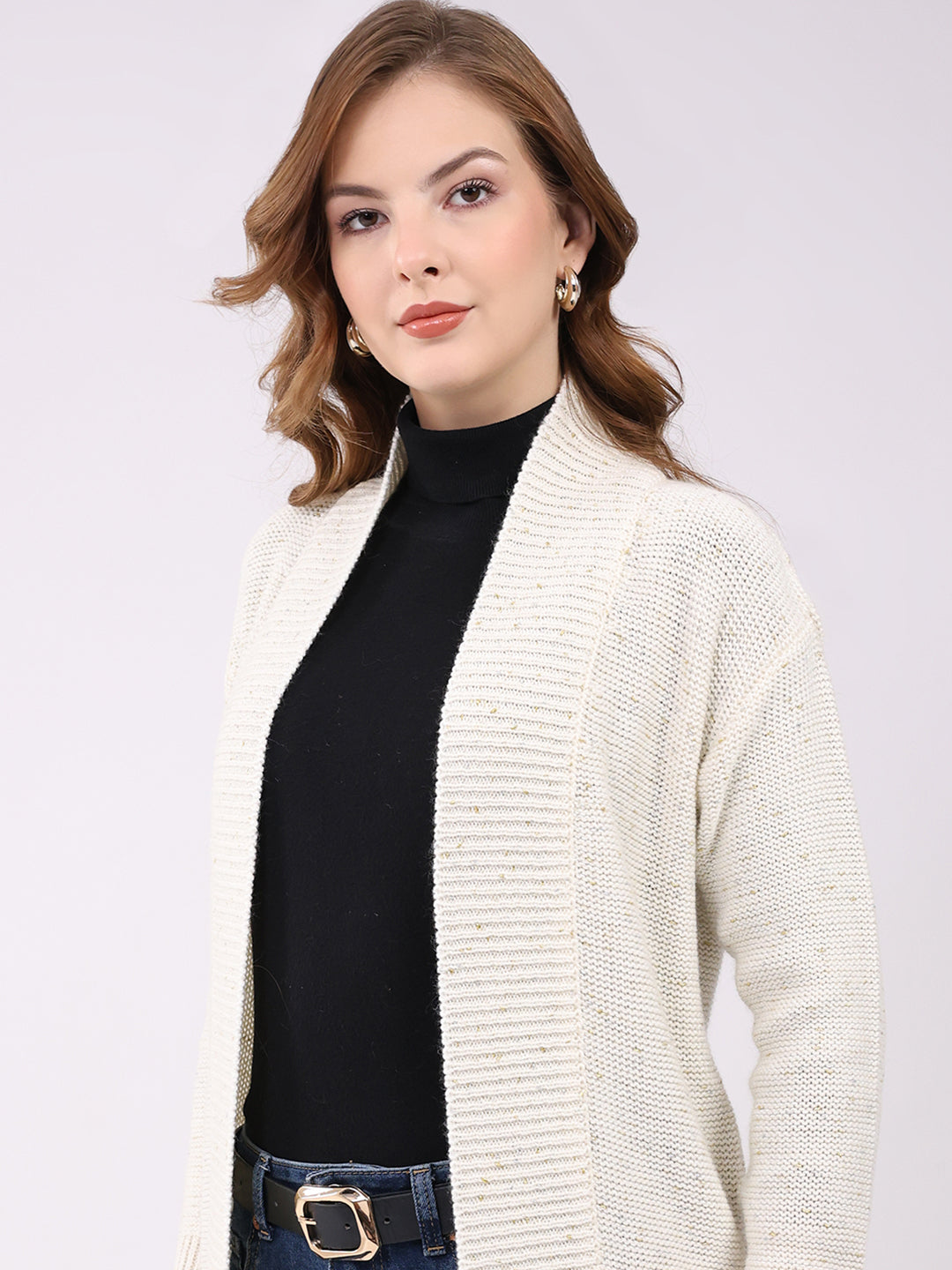 Women Off White Self Design Collar Full Sleeve Cardigan