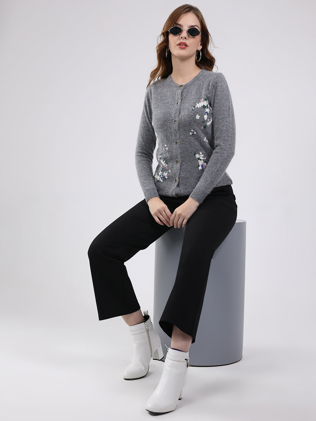 Women Grey Self Design Round Neck Full Sleeve Cardigan