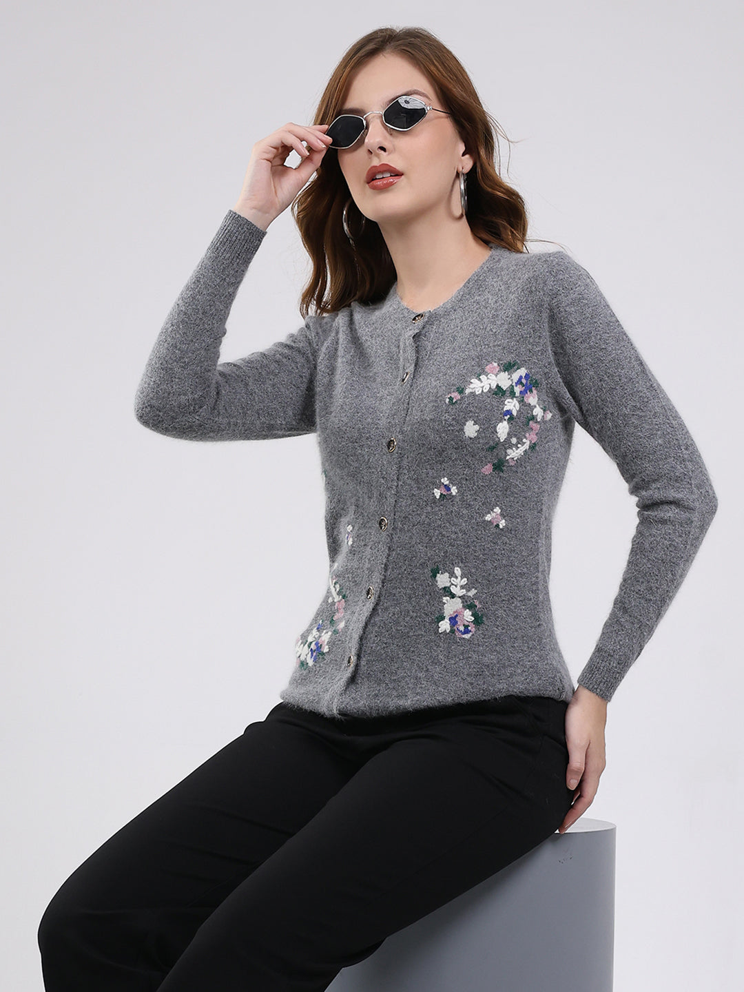 Women Grey Self Design Round Neck Full Sleeve Cardigan