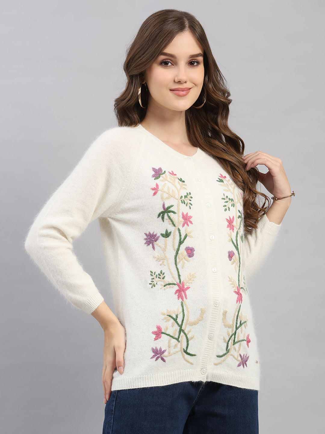 Women Off White Self Design Round Neck Full Sleeve Cardigan