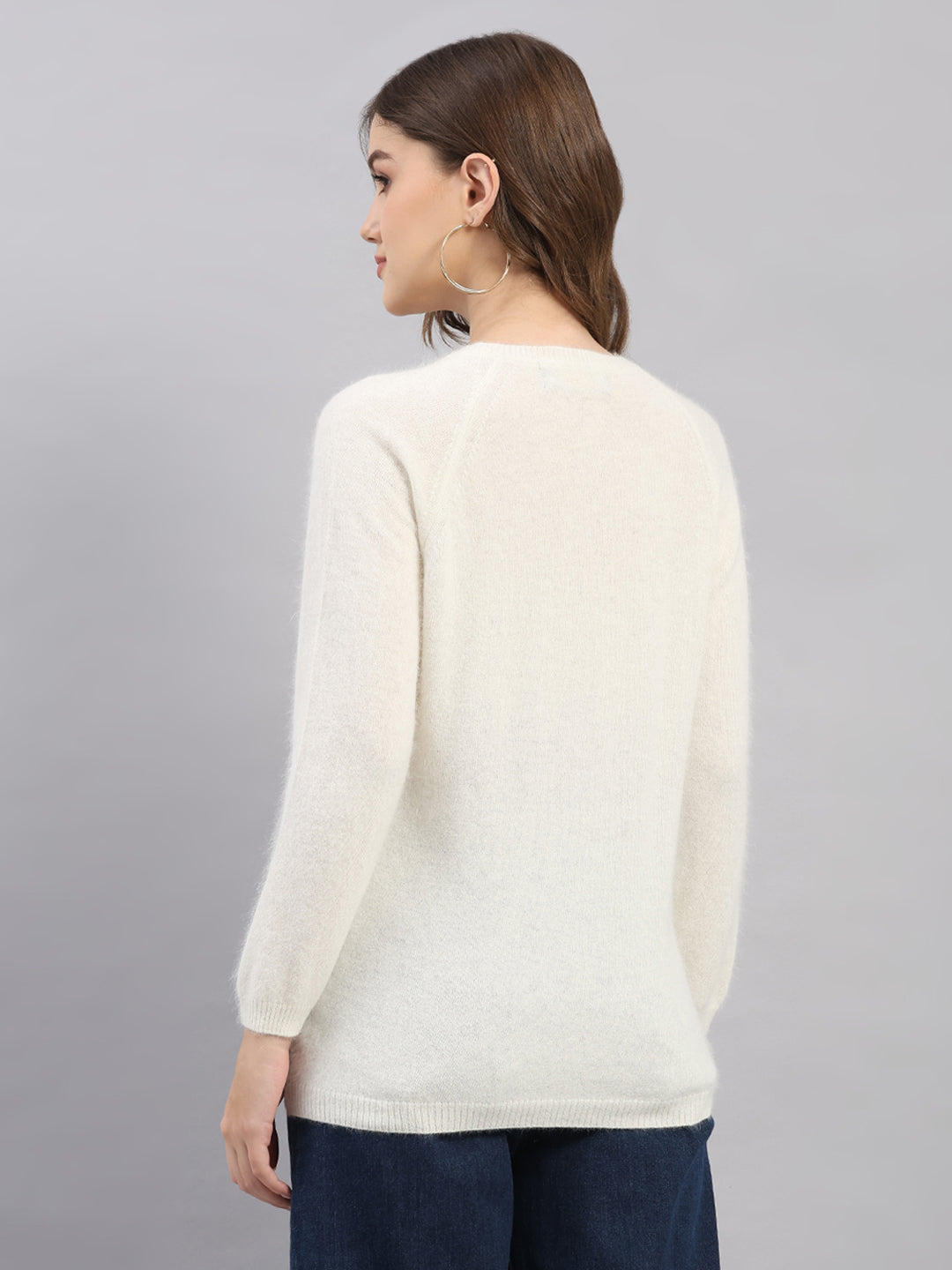 Women Off White Self Design Round Neck Full Sleeve Cardigan