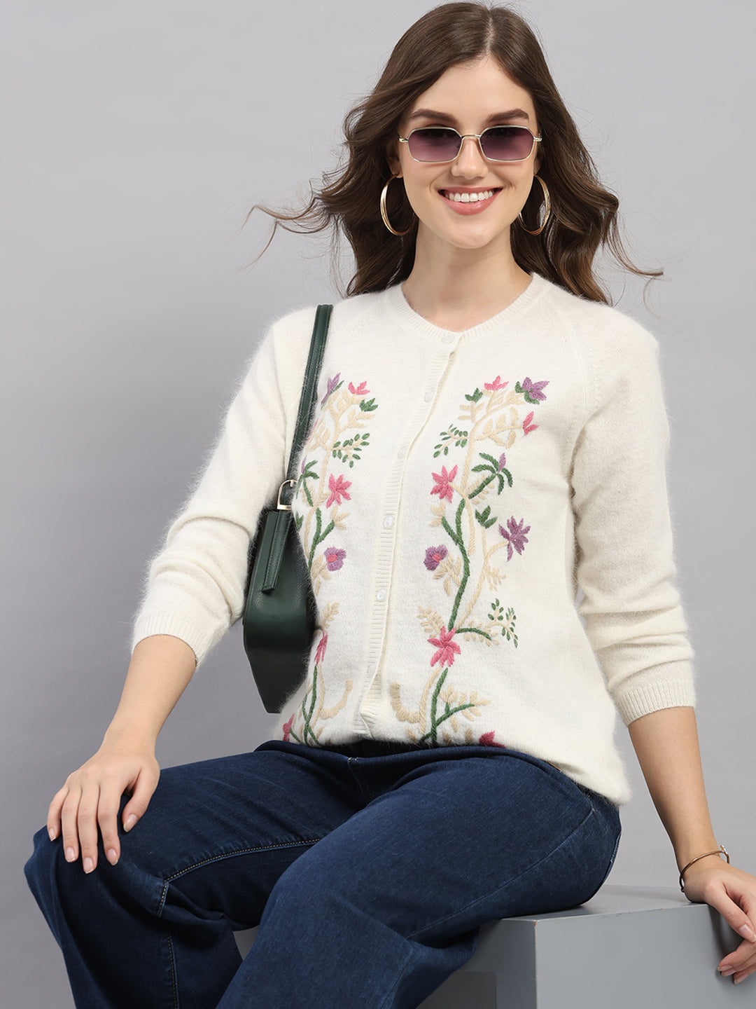 Women Off White Self Design Round Neck Full Sleeve Cardigan
