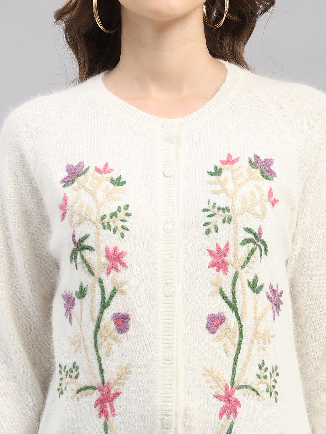 Women Off White Self Design Round Neck Full Sleeve Cardigan