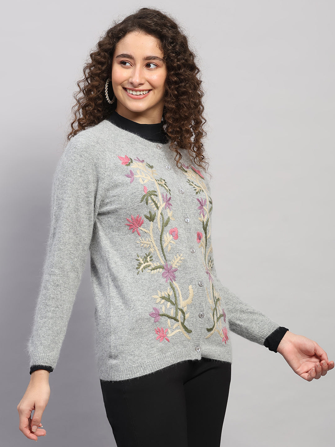Women Light Grey Jaquard Round Neck Full Sleeve Cardigan