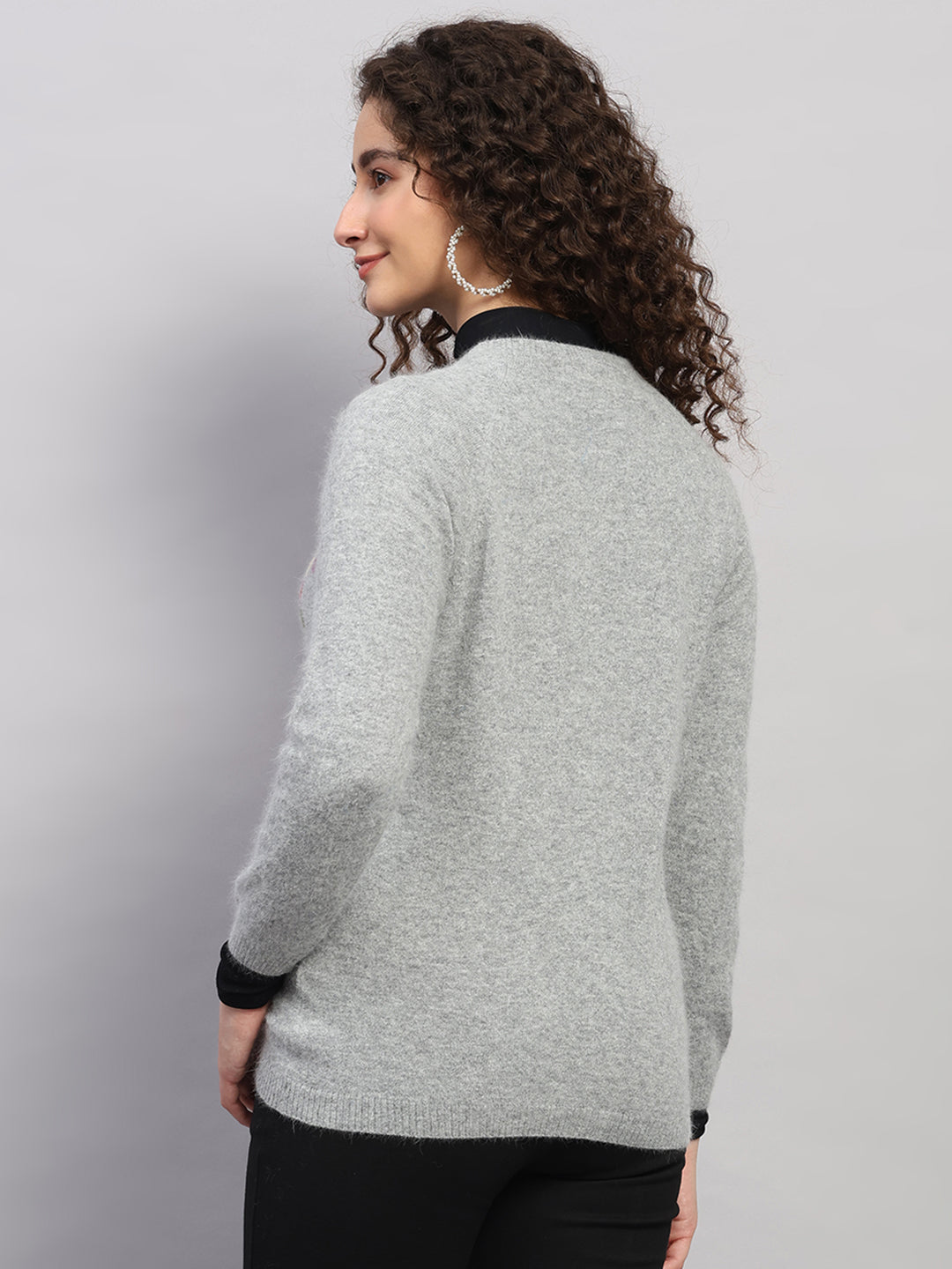 Women Light Grey Jaquard Round Neck Full Sleeve Cardigan