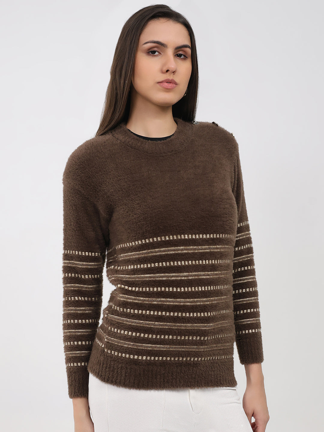 Women Brown Printed Round Neck Full Sleeve Winter Top