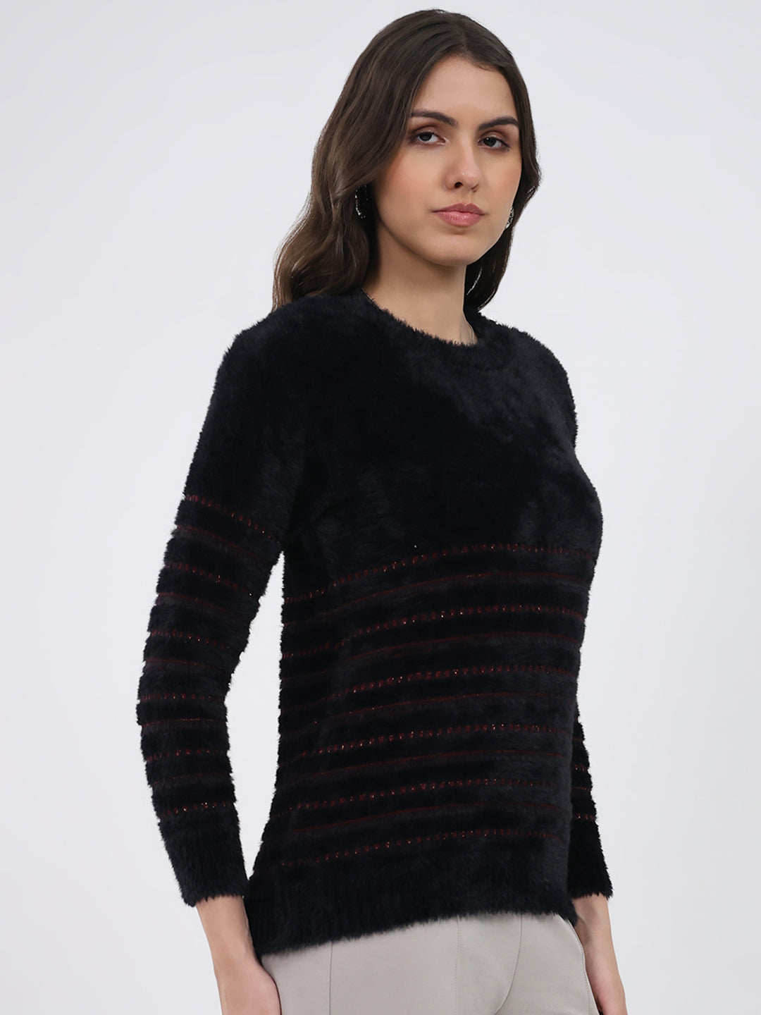 Women Black Printed Round Neck Full Sleeve Winter Top