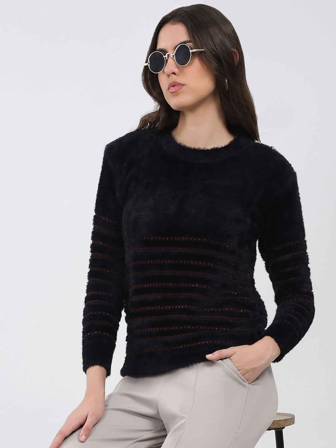 Women Black Printed Round Neck Full Sleeve Winter Top