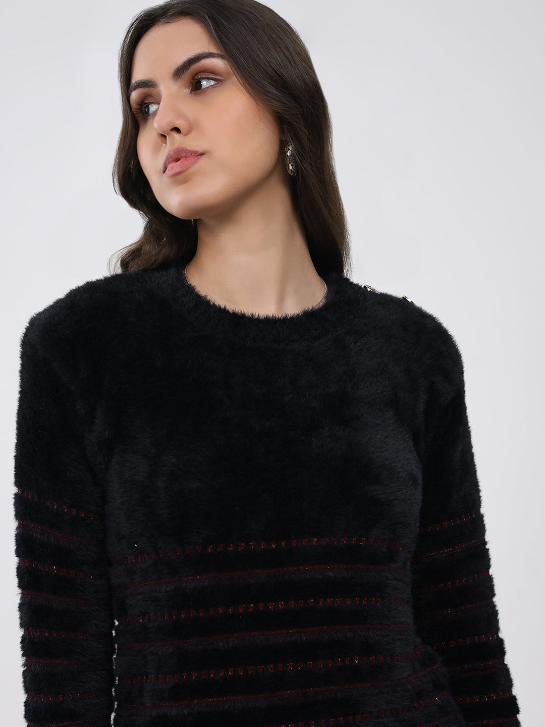 Women Black Printed Round Neck Full Sleeve Winter Top