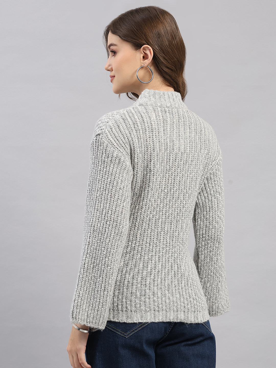 Women Grey Self Design Round Neck Full Sleeve Winter Top