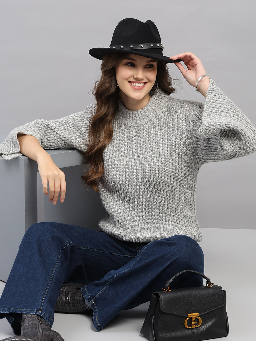 Women Grey Self Design Round Neck Full Sleeve Winter Top