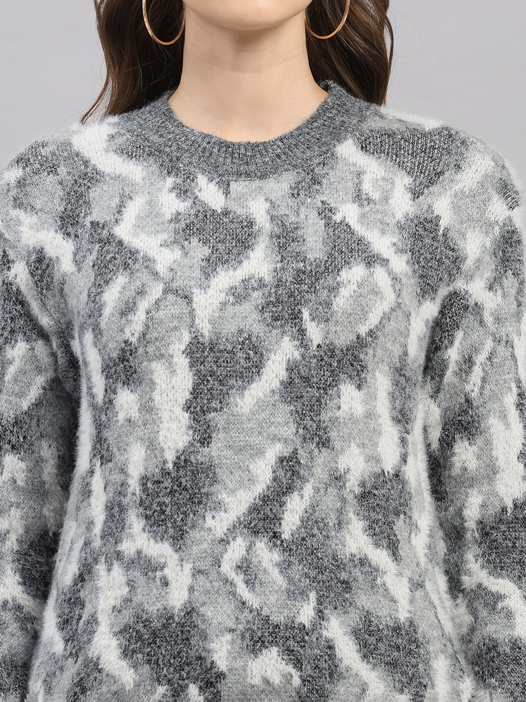 Women Light Grey Self Design Round Neck Full Sleeve Winter Top
