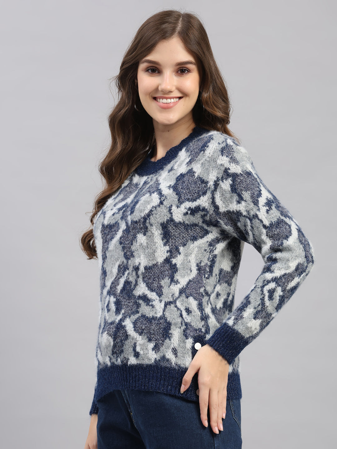Women Multicolor Self Design Round Neck Full Sleeve Winter Top