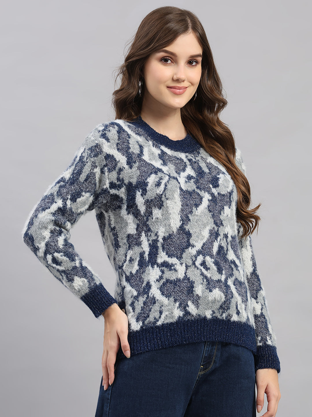 Women Multicolor Self Design Round Neck Full Sleeve Winter Top