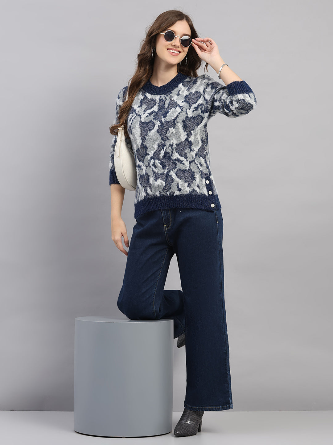 Women Multicolor Self Design Round Neck Full Sleeve Winter Top