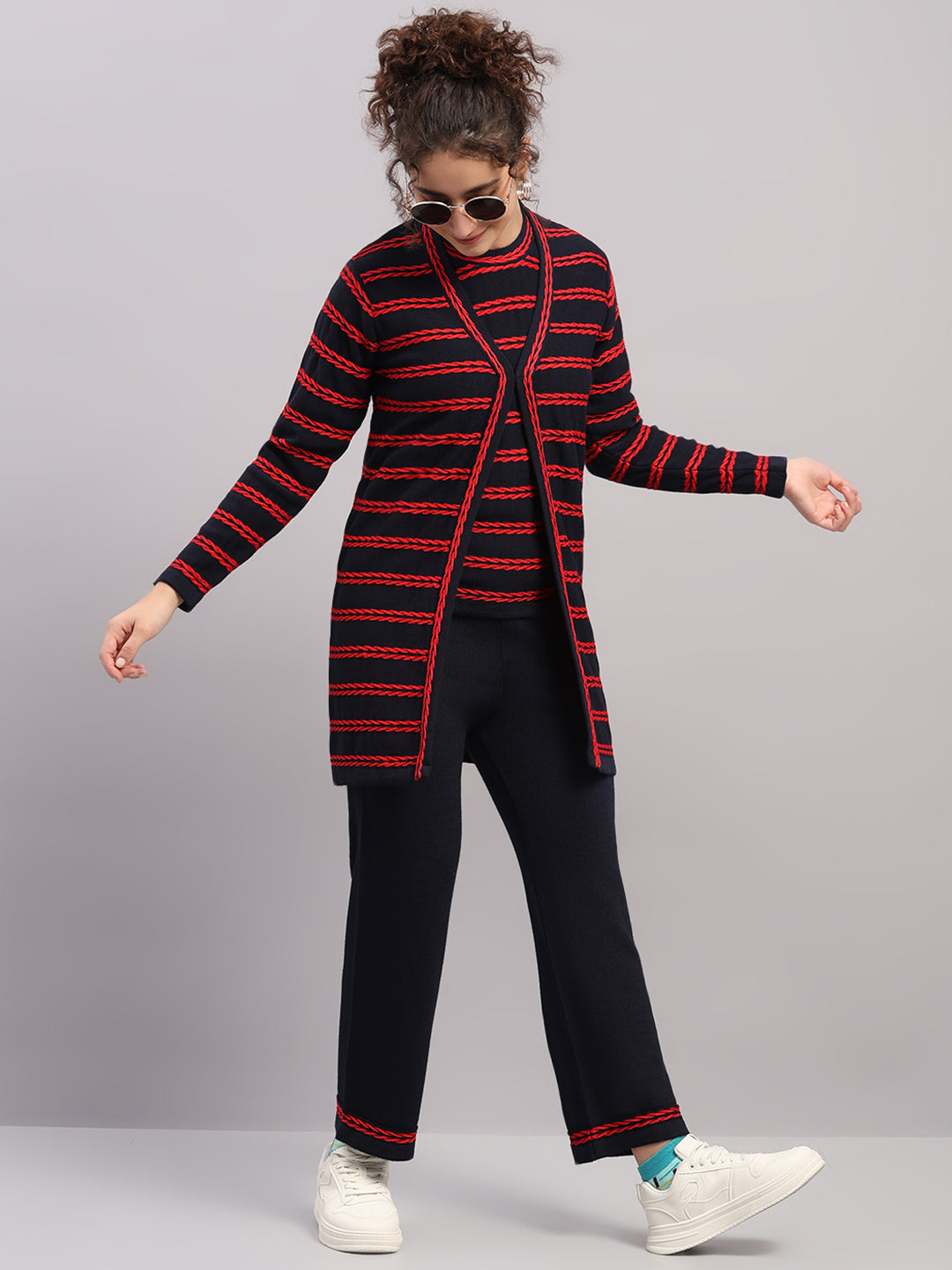 Women Navy Blue Self Design Round Neck Full Sleeve Cords Set