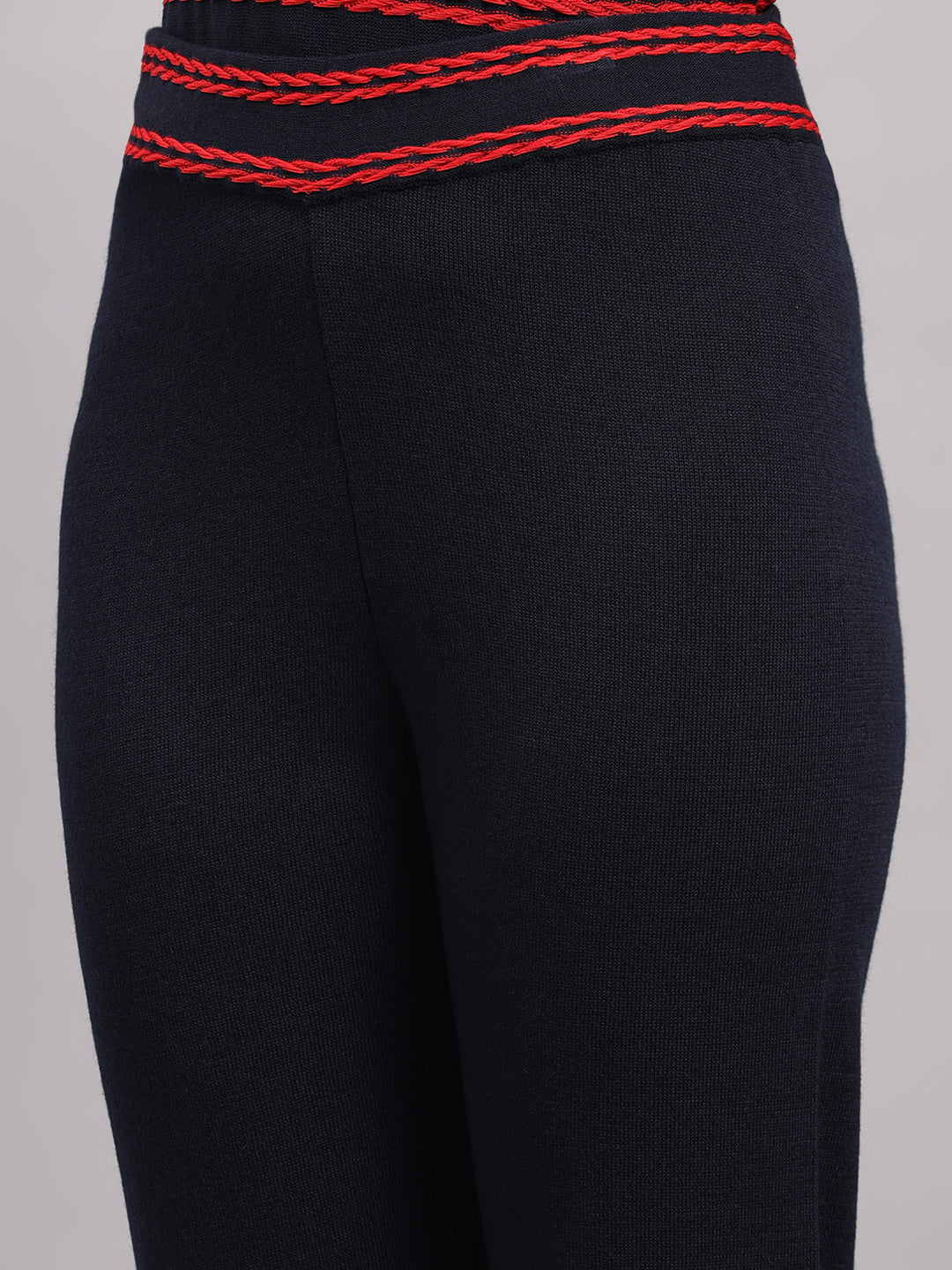 Women Navy Blue Self Design Round Neck Full Sleeve Cords Set