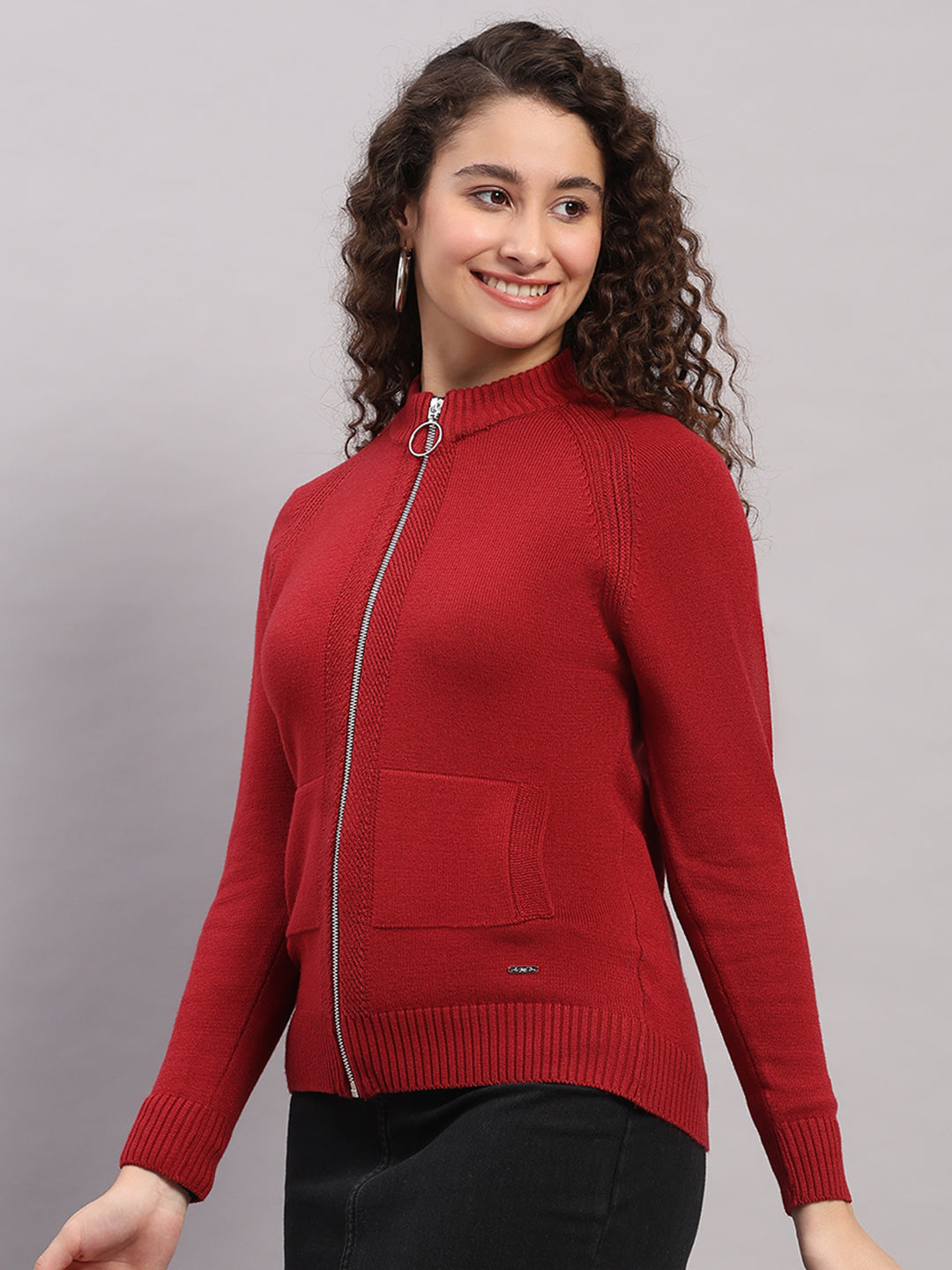 Women Red Self Design Turtle Neck Full Sleeve Cardigan