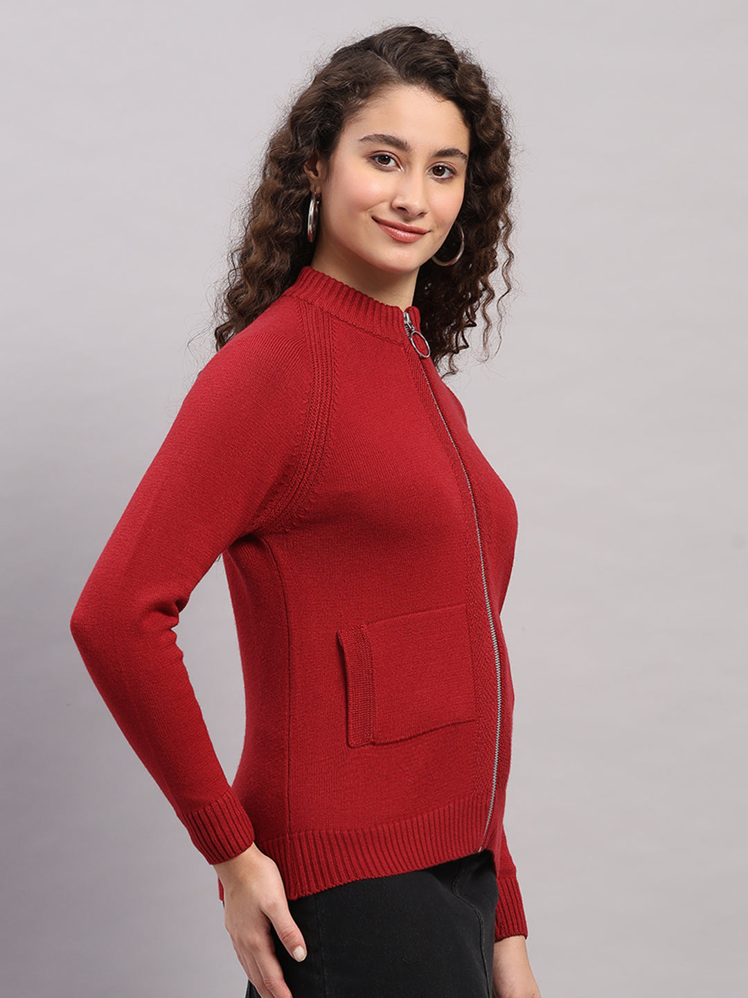 Women Red Self Design Turtle Neck Full Sleeve Cardigan
