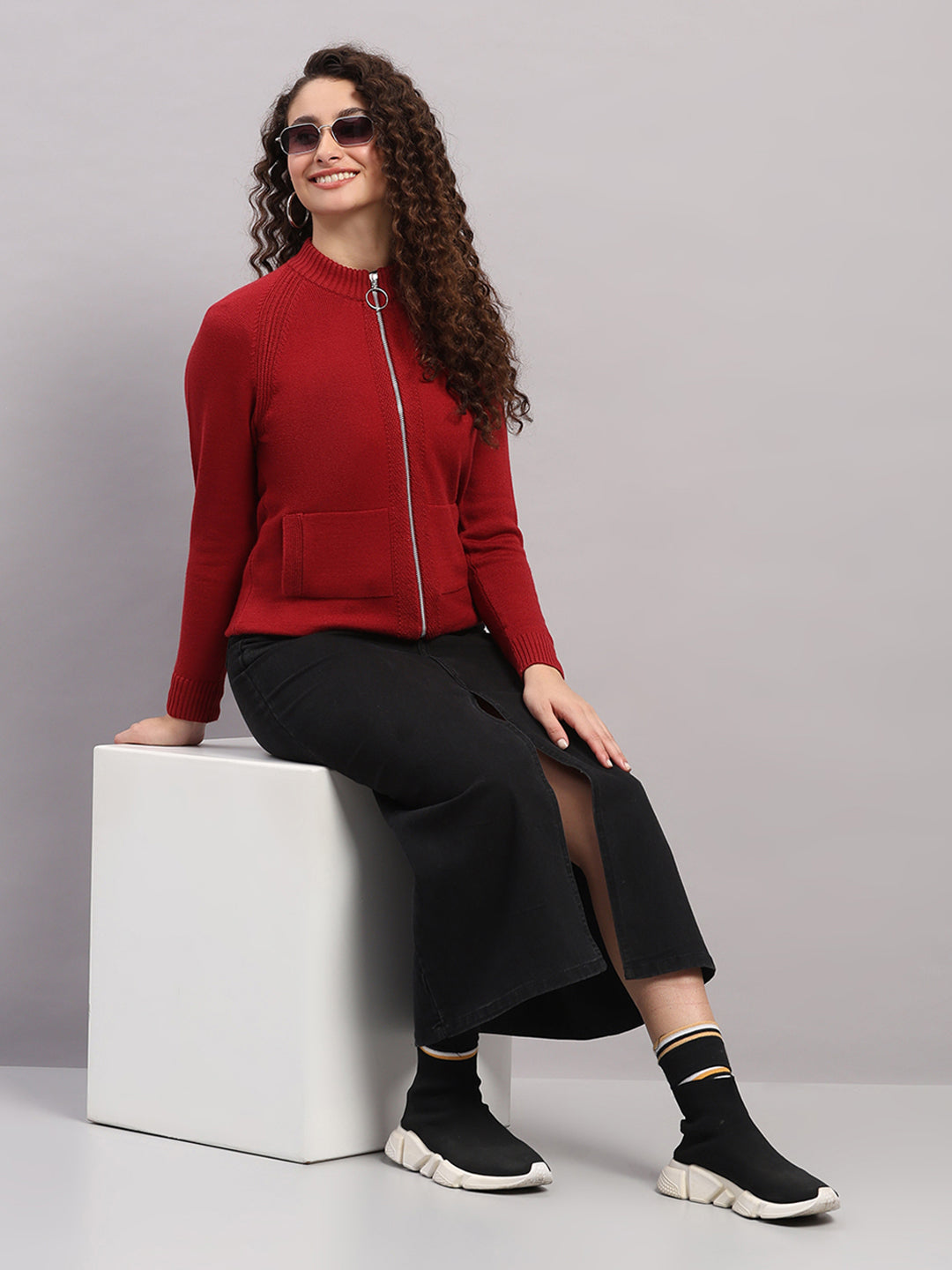 Women Red Self Design Turtle Neck Full Sleeve Cardigan
