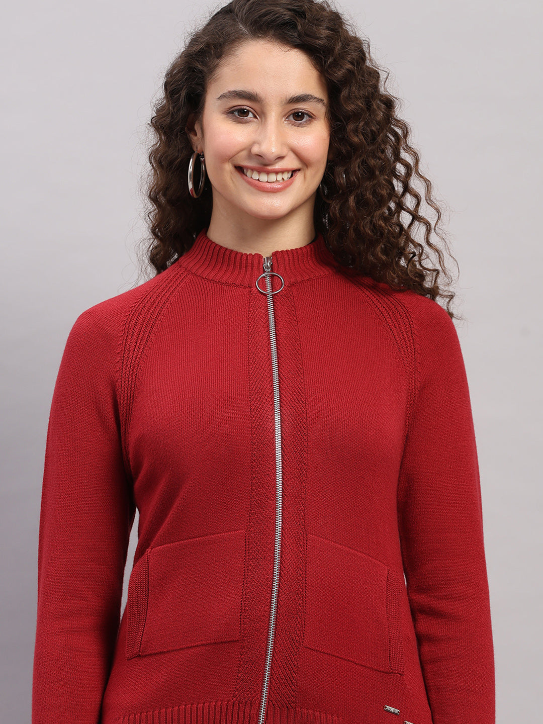 Women Red Self Design Turtle Neck Full Sleeve Cardigan
