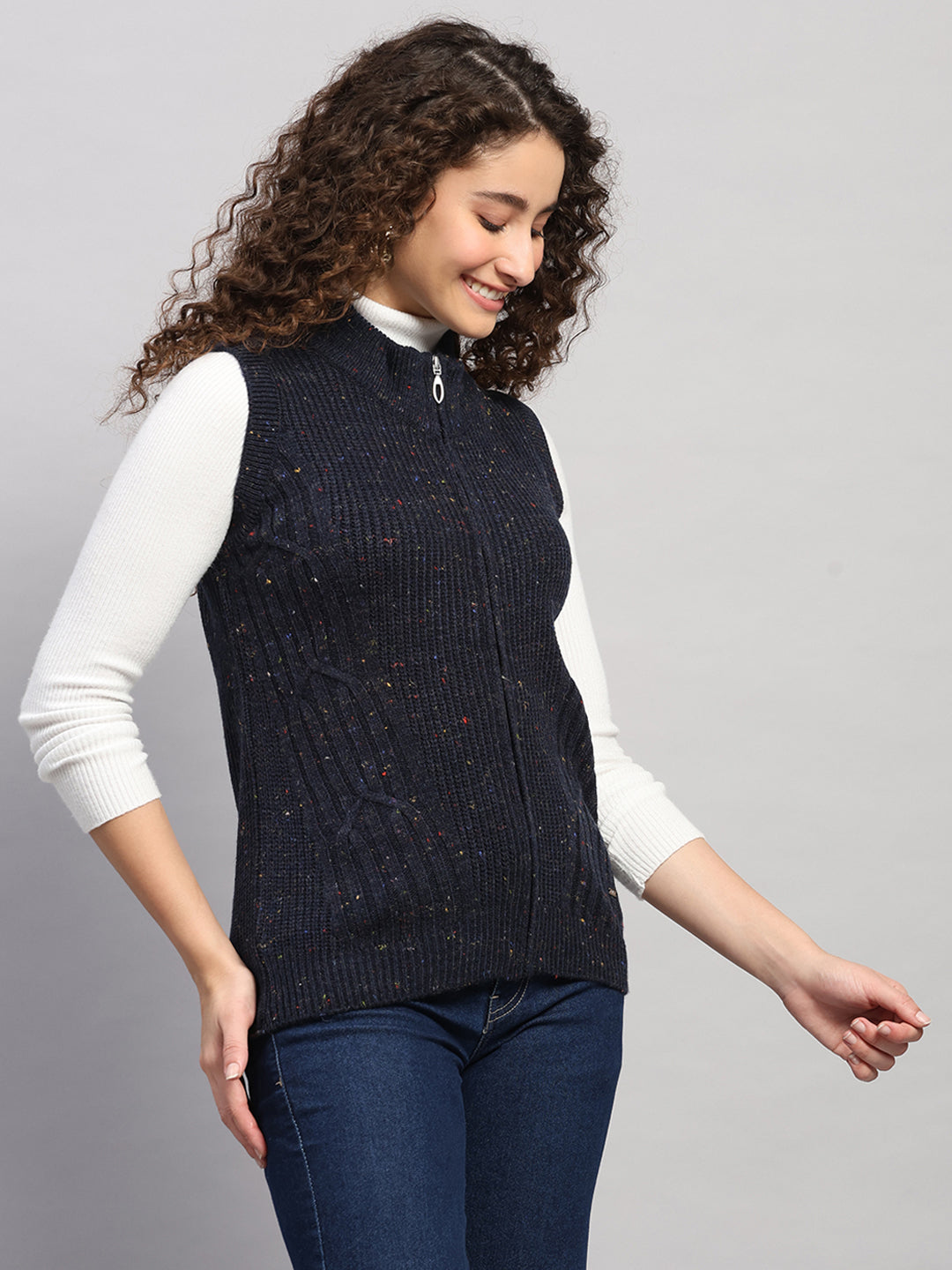 Women Navy Blue Printed Round Neck Sleeveless Cardigan