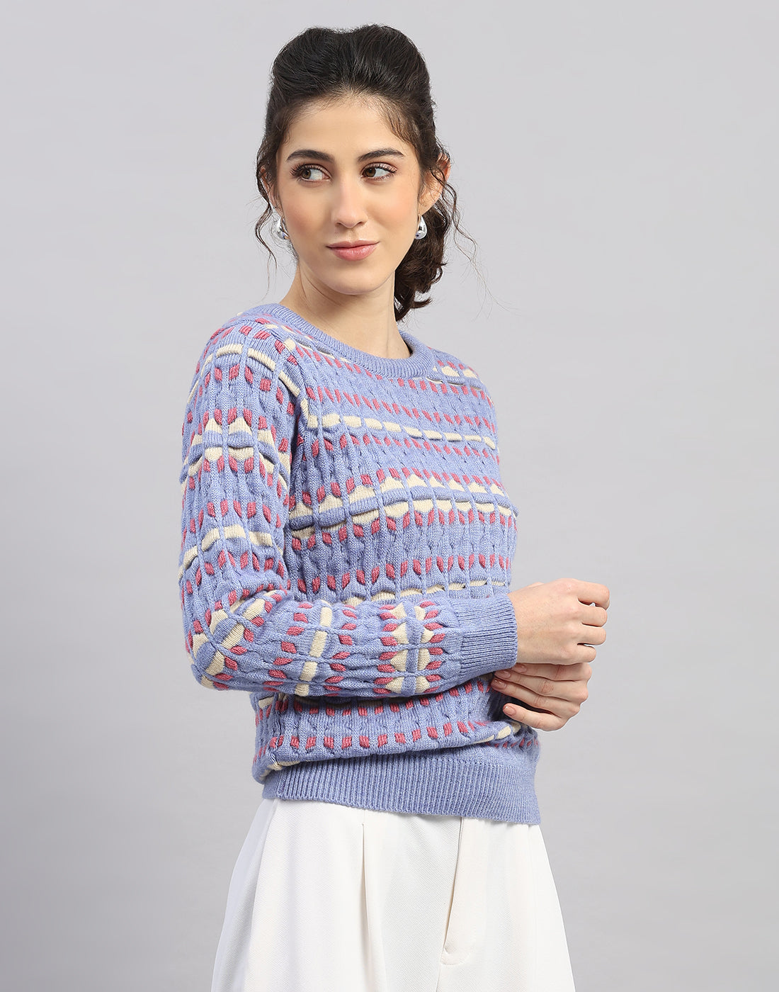 Women Light Blue Solid Round Neck Full Sleeve Winter Top