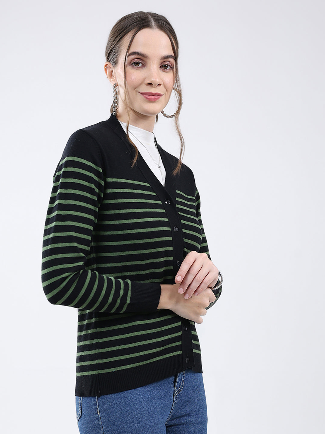 Women Black Stripe V Neck Full Sleeve Cardigan