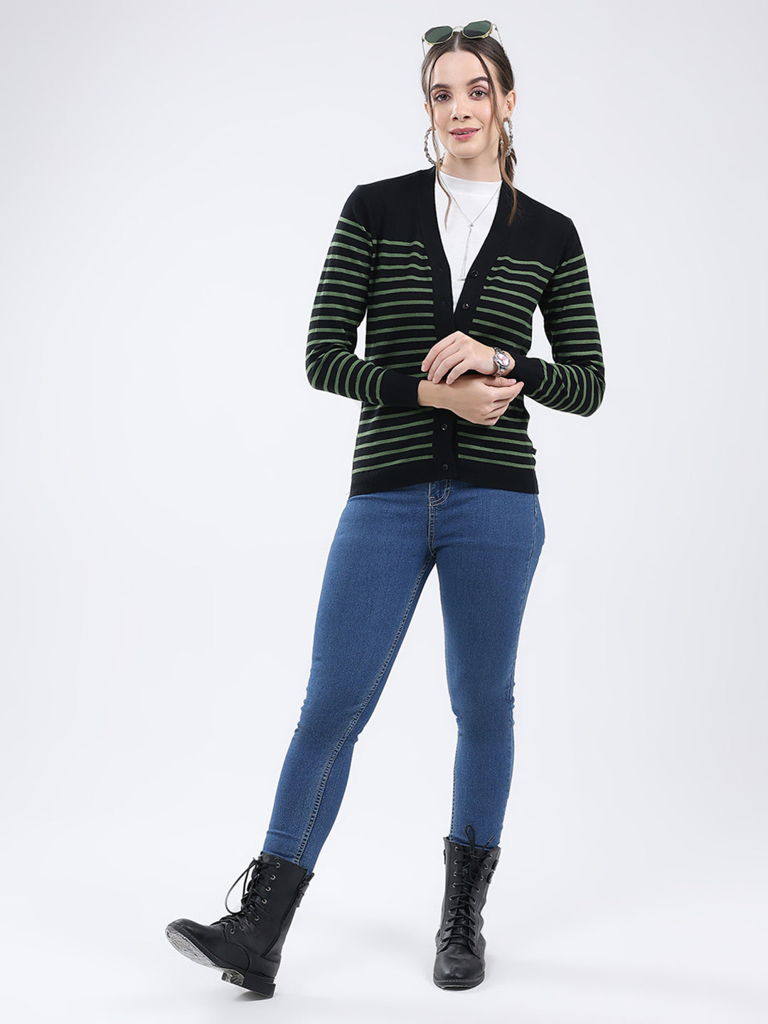Women Black Stripe V Neck Full Sleeve Cardigan