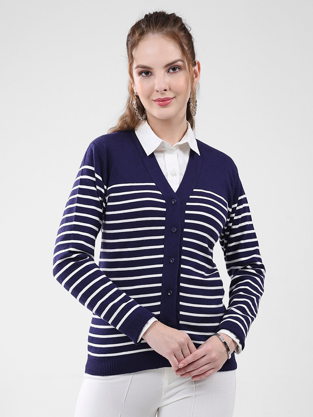 Women Blue Stripe V Neck Full Sleeve Cardigan - Main Image