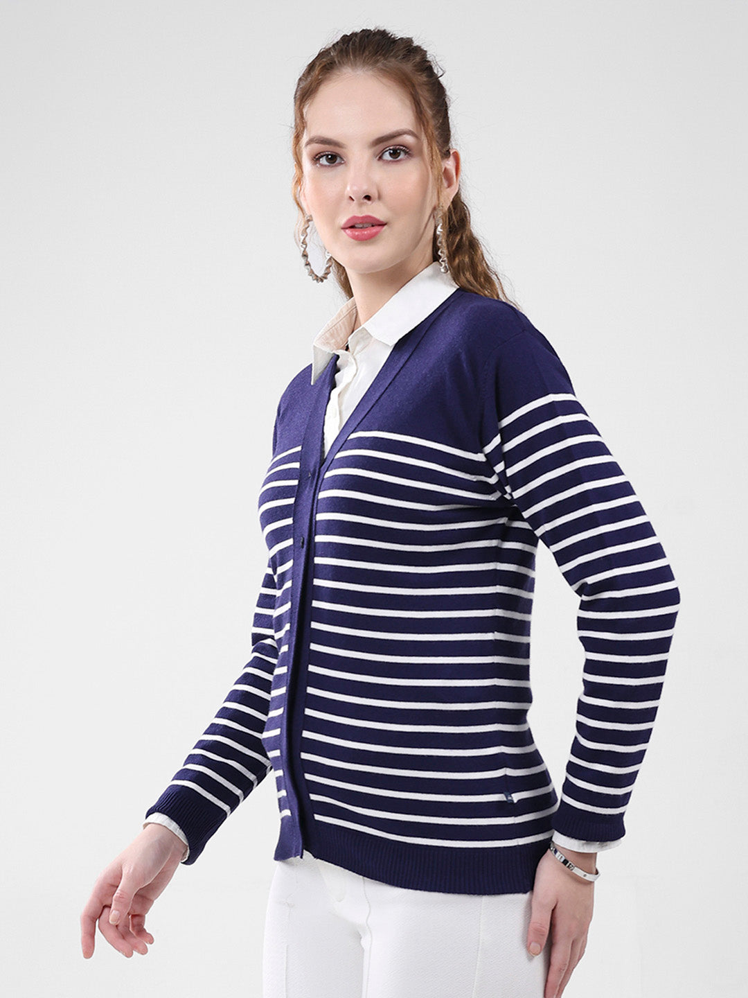 Women Blue Stripe V Neck Full Sleeve Cardigan