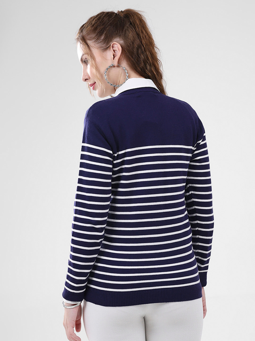 Women Blue Stripe V Neck Full Sleeve Cardigan