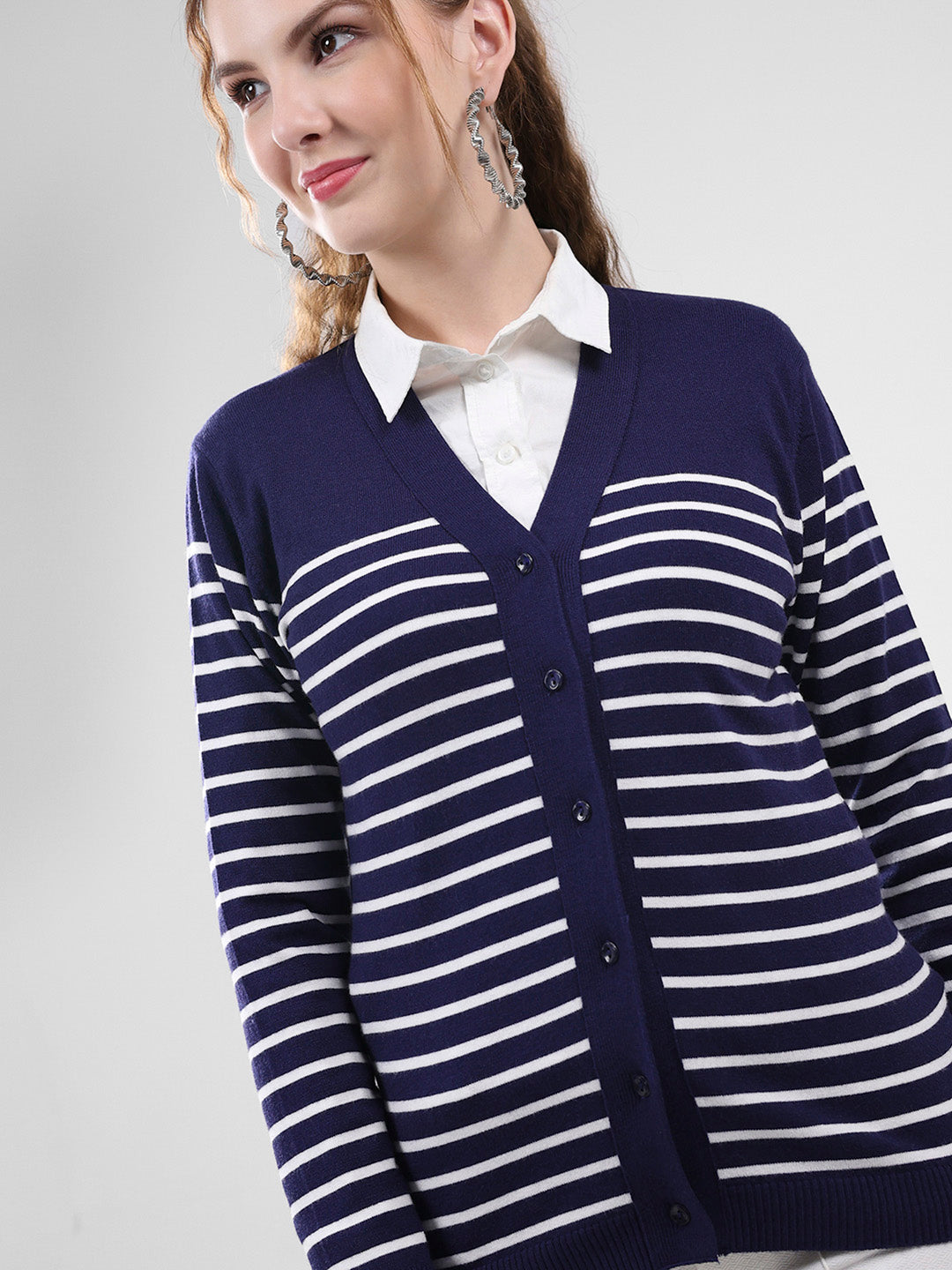 Women Blue Stripe V Neck Full Sleeve Cardigan