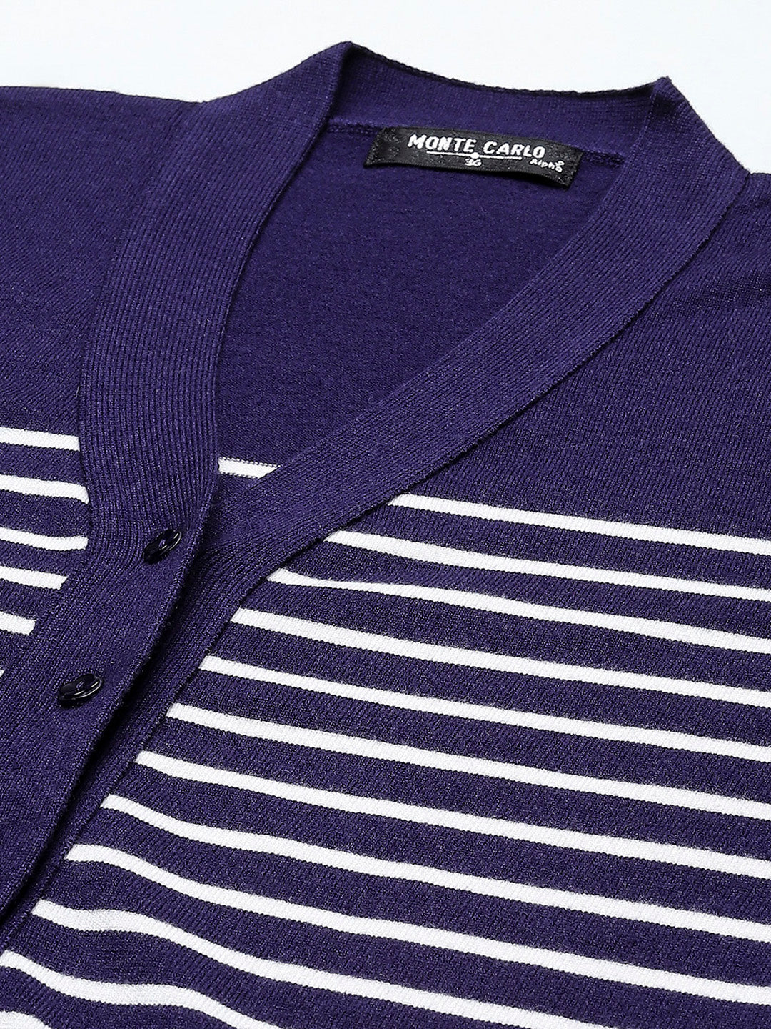 Women Blue Stripe V Neck Full Sleeve Cardigan