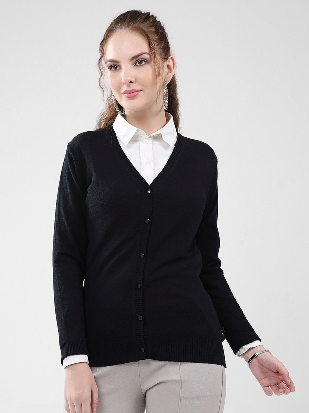 Women Black Solid V Neck Full Sleeve Cardigan