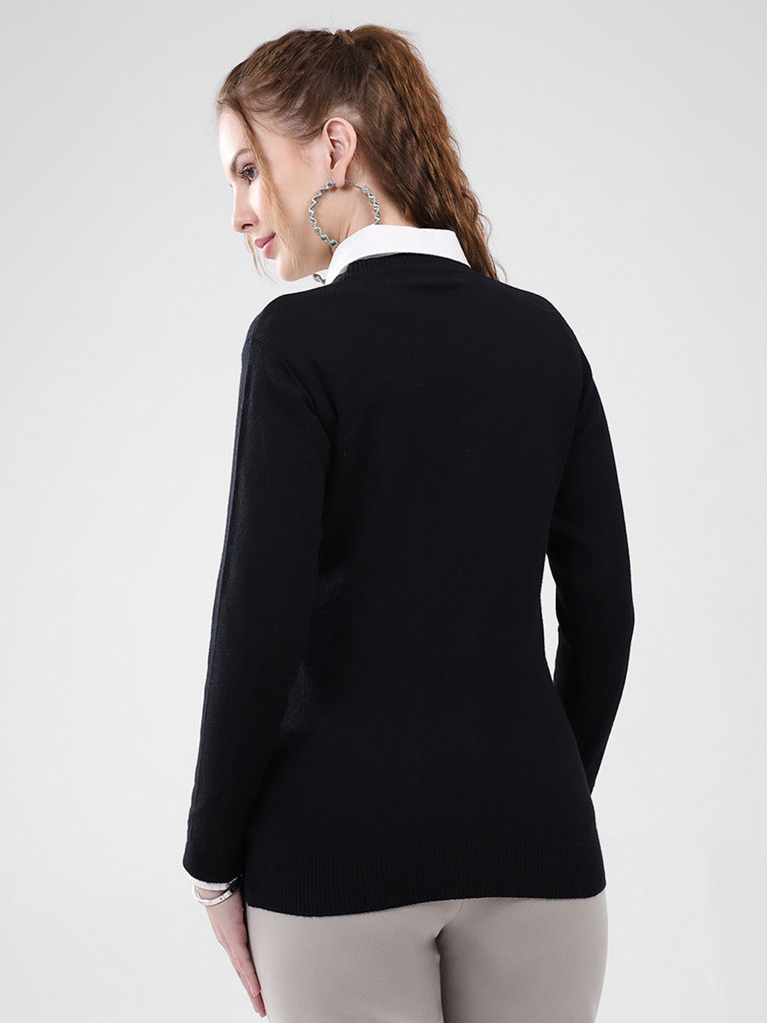 Women Black Solid V Neck Full Sleeve Cardigan