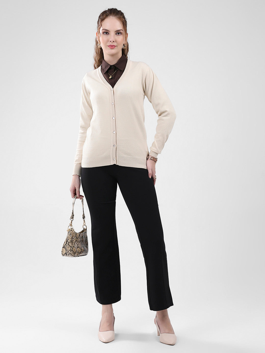 Women Beige Solid V Neck Full Sleeve Cardigan