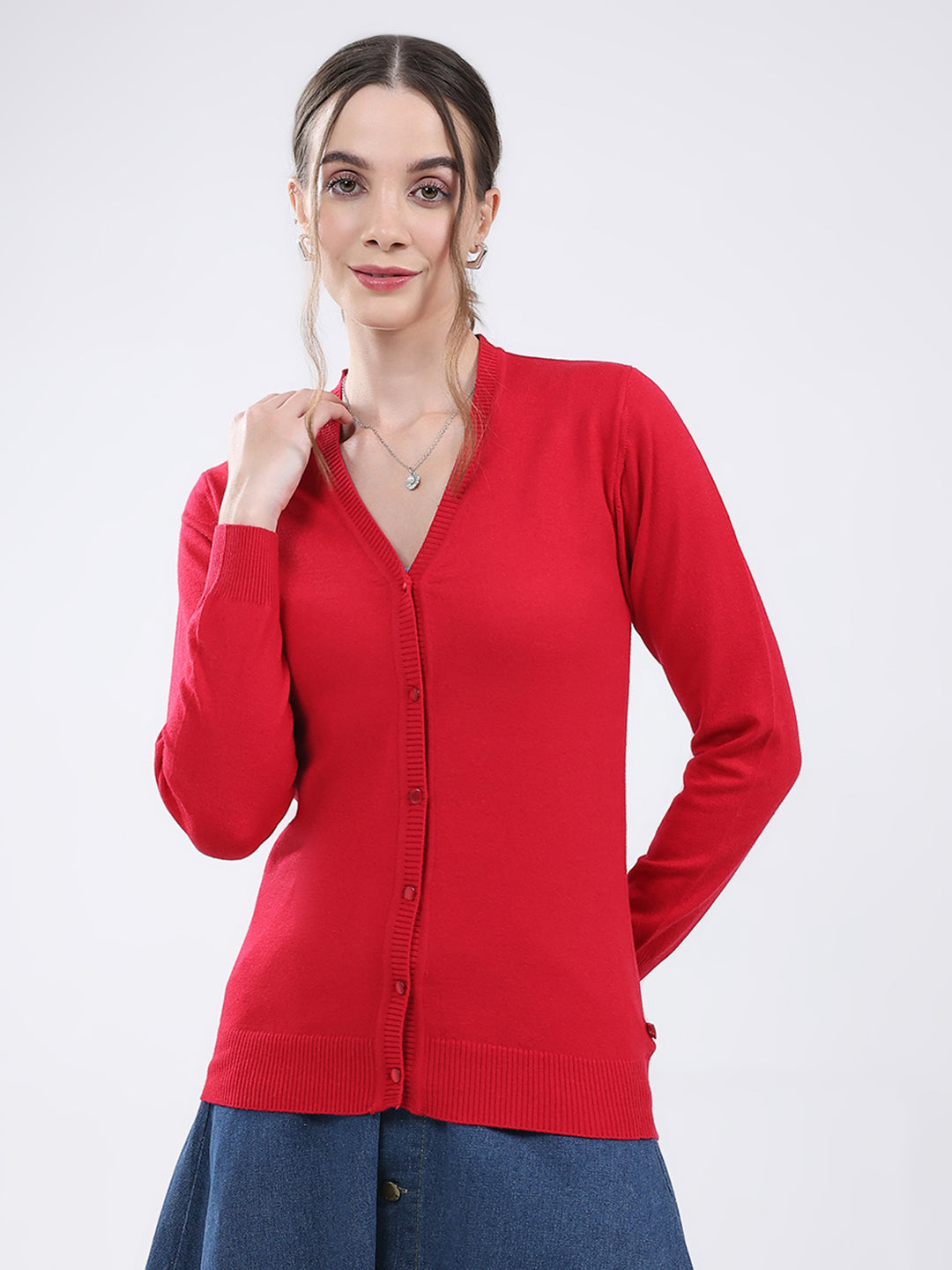 Women Red Solid V Neck Full Sleeve Cardigan