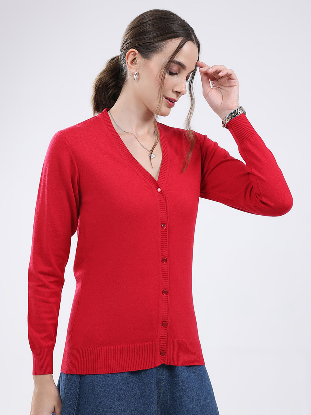 Women Red Solid V Neck Full Sleeve Cardigan