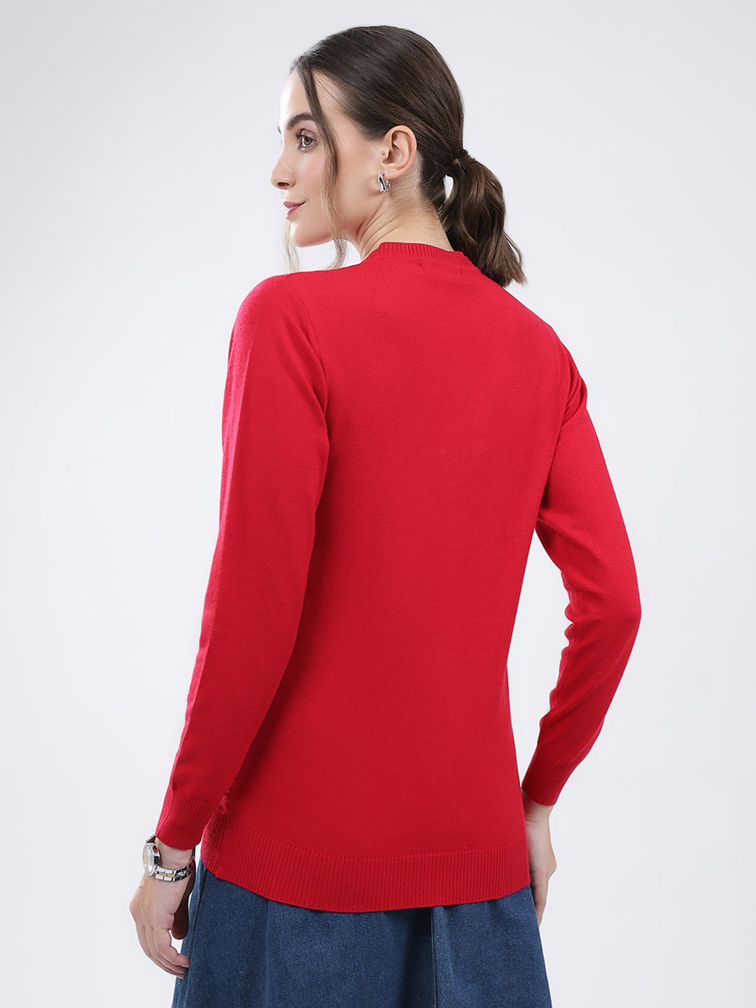 Women Red Solid V Neck Full Sleeve Cardigan