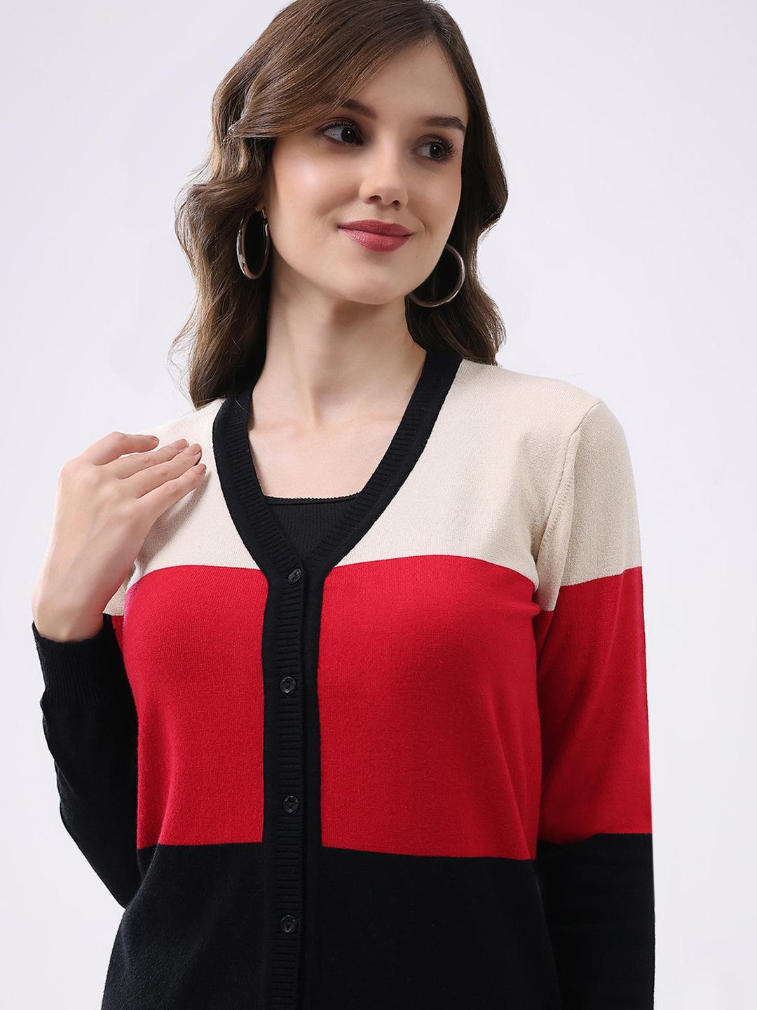 Women Multicolor Stripe V Neck Full Sleeve Cardigan