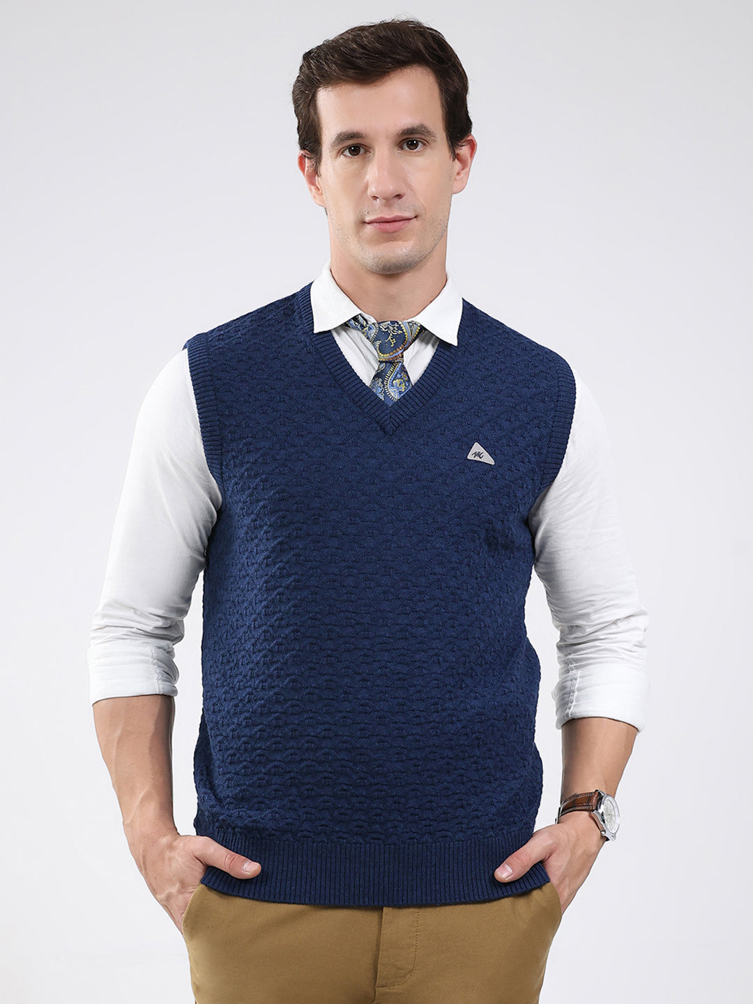 Men Blue Self Design V Neck Sleeveless Sweater